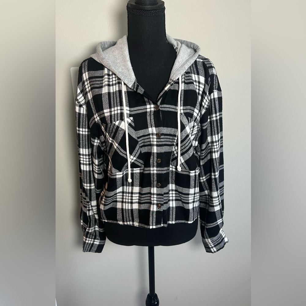 Hippie Rose Black and White Plaid Hooded Flannel Shirt Jacket